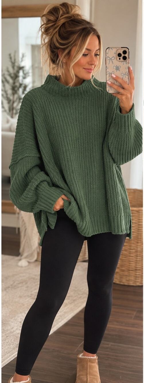 Aerie Oversized Slouchy Chunky Knit Sweater Green Mock Neck Pullover L